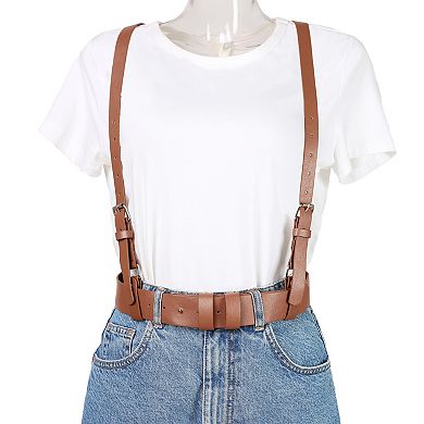 Unisex Plus Size Vintage PU Leather Y Back Suspenders Adjustable Holes Belts