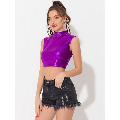 Women's Shiny Sleeveless Holographic Metallic Crop Top