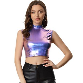 Women's Shiny Sleeveless Holographic Metallic Crop Top