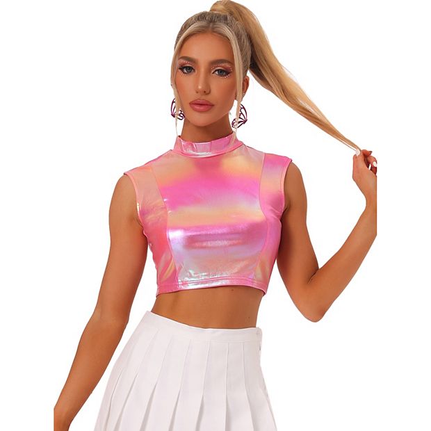 Kleesier☆09 Soft crop top Naileksi Women Pearl Beaded Sheer Mesh Crop Top Sleeveless