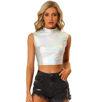 Women's Shiny Sleeveless Holographic Metallic Crop Top
