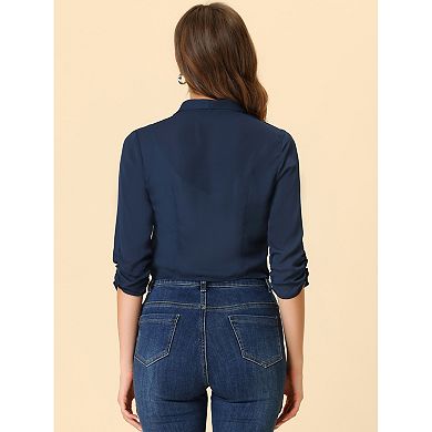 Women's Open Front Shawl Lapel 3/4 Ruched Sleeves Chiffon Crop Blazer