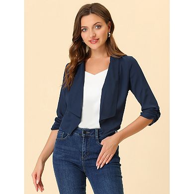 Women's Open Front Shawl Lapel 3/4 Ruched Sleeves Chiffon Crop Blazer