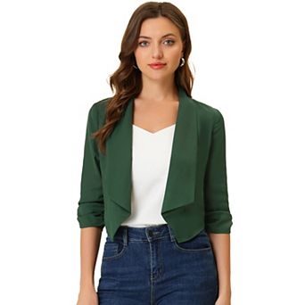 Women's Open Front Shawl Lapel 3/4 Ruched Sleeves Chiffon Crop Blazer