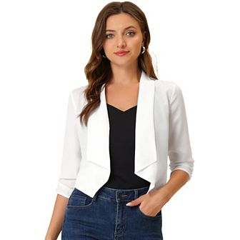 Women's Open Front Shawl Lapel 3/4 Ruched Sleeves Chiffon Crop Blazer