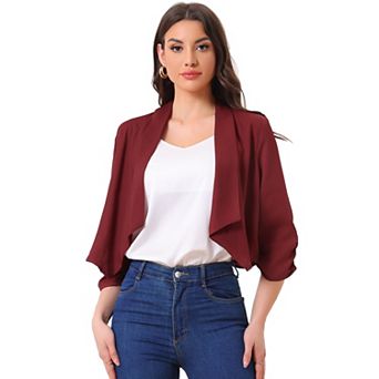 Women's Open Front Shawl Lapel 3/4 Ruched Sleeves Chiffon Crop Blazer