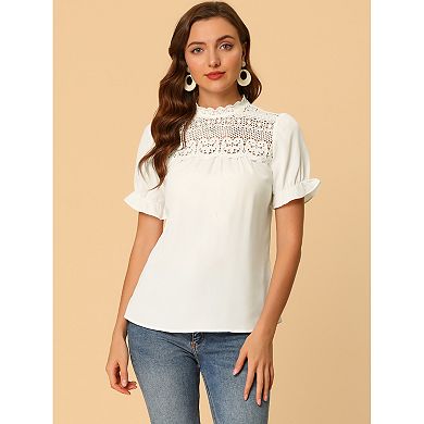 Women's Chiffon Lace Panel Stand Collar Puffy Sleeve Blouse Top