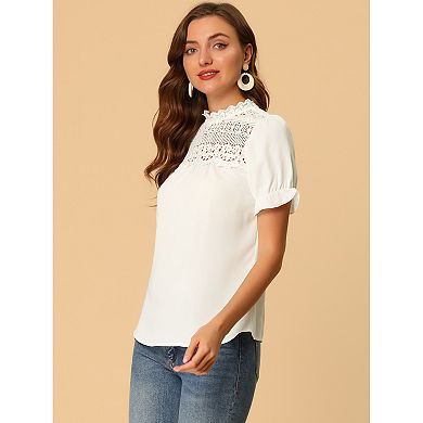 Women's Chiffon Lace Panel Stand Collar Puffy Sleeve Blouse Top