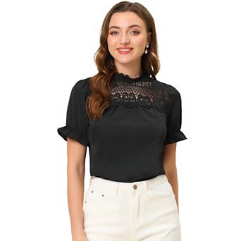 Women's Chiffon Lace Panel Stand Collar Puffy Sleeve Blouse Top