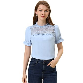 Women's Chiffon Lace Panel Stand Collar Puffy Sleeve Blouse Top