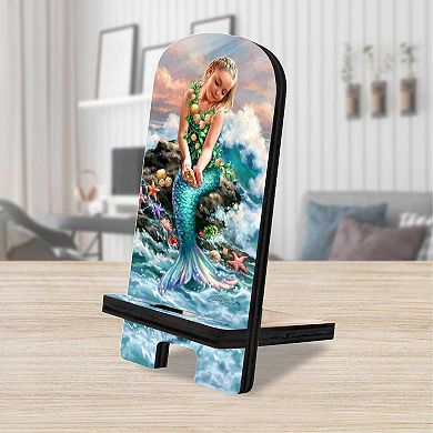 Mermaiden Princess of Sea Coastal Cell Phone Stand Wood Mobile Holder Organizer