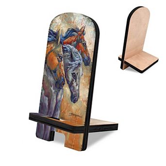 Let Them Run Horse Heads Cell Phone Stand Wood Mobile Holder Organizer