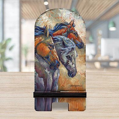 Let Them Run Horse Heads Cell Phone Stand Wood Mobile Holder Organizer