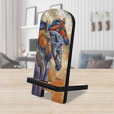 Let Them Run Horse Heads Cell Phone Stand Wood Mobile Holder Organizer