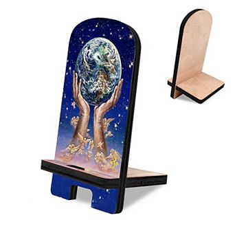 World In My Hands Cell Phone Stand Inspirational Decor Wood Mobile Holder Organizer