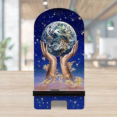 World In My Hands Cell Phone Stand Inspirational Decor Wood Mobile Holder Organizer