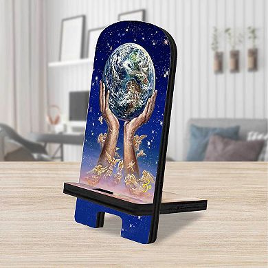 World In My Hands Cell Phone Stand Inspirational Decor Wood Mobile Holder Organizer