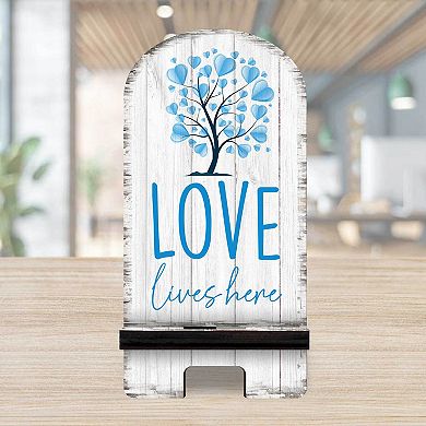 Love Lives Here Cell Phone Stand Family Decor Wood Mobile Holder Organizer