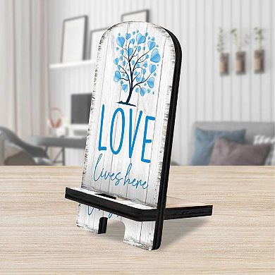 Love Lives Here Cell Phone Stand Family Decor Wood Mobile Holder Organizer