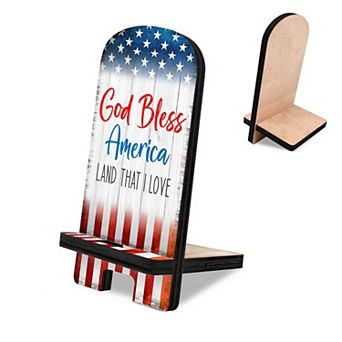 God Bless America Cell Phone Stand Wood Mobile Holder Organizer