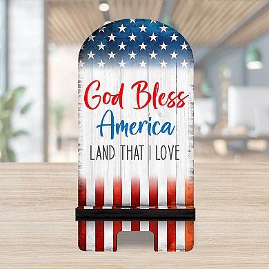 God Bless America Cell Phone Stand Wood Mobile Holder Organizer