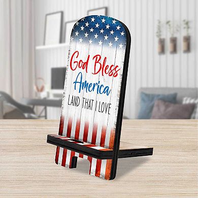 God Bless America Cell Phone Stand Wood Mobile Holder Organizer
