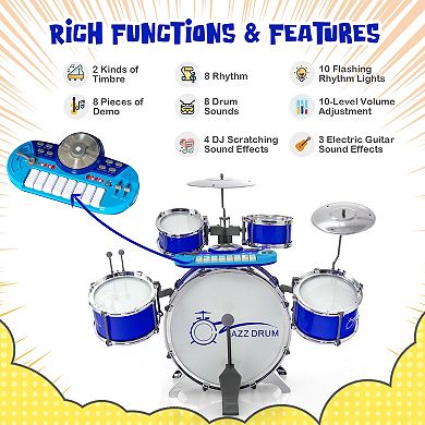 Kids Jazz Drum Keyboard Set with Stool and Microphone Stand