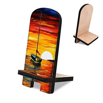 Sunset Sailboat Coastal Cell Phone Stand Wood Mobile Holder Organizer