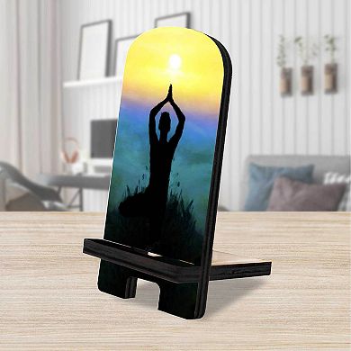 Sunset Yoga Cell Phone Stand Inspirational Decor Wood Mobile Holder Organizer