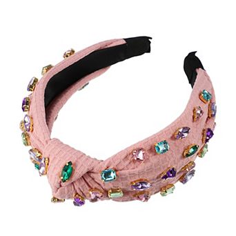 Rhinestone Retro Knotted Headband Non-slip Wide for Girl Pink 5.12"x1.26"