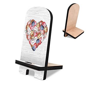 Flowers Heart Decor Cell Phone Stand Wood Mobile Holder Organizer