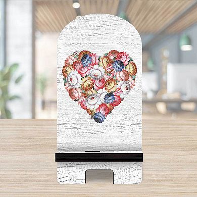 Flowers Heart Decor Cell Phone Stand Wood Mobile Holder Organizer