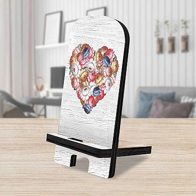 Flowers Heart Decor Cell Phone Stand Wood Mobile Holder Organizer