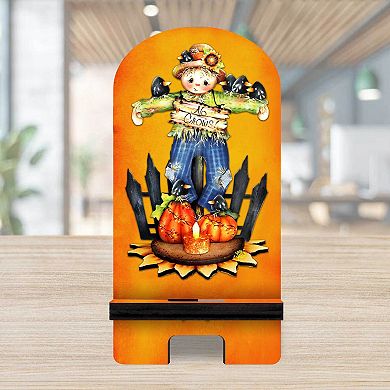 No Crows! Cell Phone Stand Halloween Decor Wood Mobile Holder Organizer
