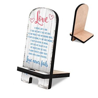 Love Never Fails Cell Phone Stand Family Decor Wood Mobile Holder Organizer