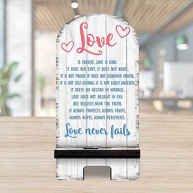 Love Never Fails Cell Phone Stand Family Decor Wood Mobile Holder Organizer