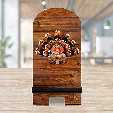 Happy Turkey Cell Phone Stand Halloween Decor Wood Mobile Holder Organizer