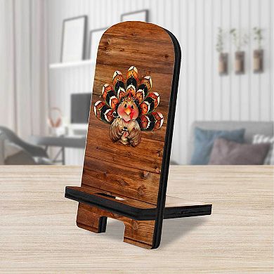 Happy Turkey Cell Phone Stand Halloween Decor Wood Mobile Holder Organizer