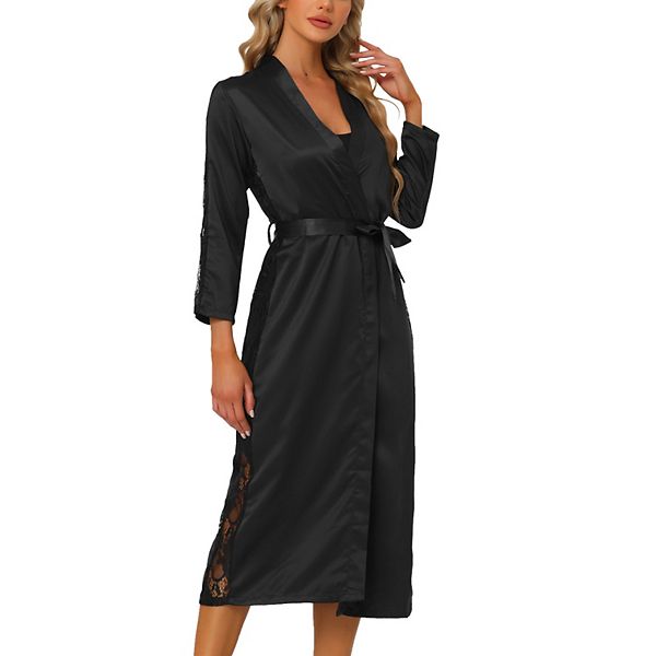 Womens Satin Robe Lace Trim Long Sleeve Kimono Dressing Gown Bathrobe