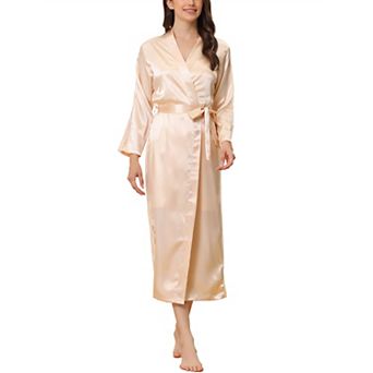 Womens Satin Robe Lace Trim Long Sleeve Kimono Dressing Gown Bathrobe Bridesmaid Wedding Bride Robe