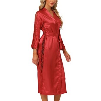 Womens Satin Robe Lace Trim Long Sleeve Kimono Dressing Gown Bathrobe Bridesmaid Wedding Bride Robe