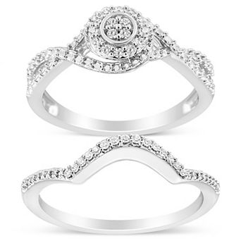 Haus of Brilliance Stering Silver 1/6 Carat T.W. Diamond Composite Halo & Split Shank Engagement Ring Set