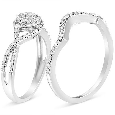 Haus of Brilliance Stering Silver 1/6 Carat T.W. Diamond Composite Halo & Split Shank Engagement Ring Set