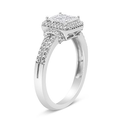 Haus of Brilliance Sterling Silver 1/4 Carat T.W. Princess-Cut Diamond Composite Halo Ring