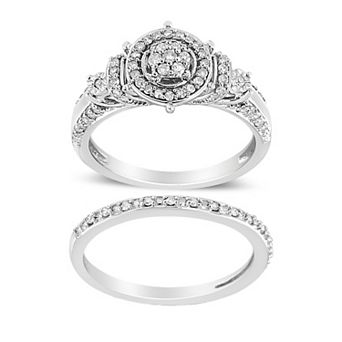 Haus of Brilliance Sterling Silver 1/3 Carat T.W. Diamond 7-Stone Cluster & Halo Engagement Ring Set