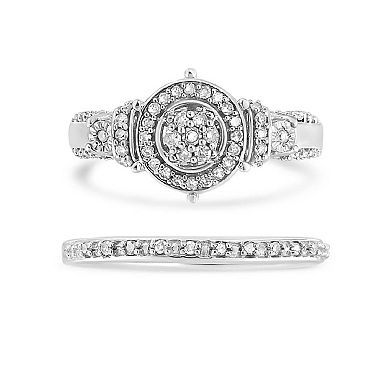 Haus of Brilliance Sterling Silver 1/3 Carat T.W. Diamond 7-Stone Cluster & Halo Engagement Ring Set