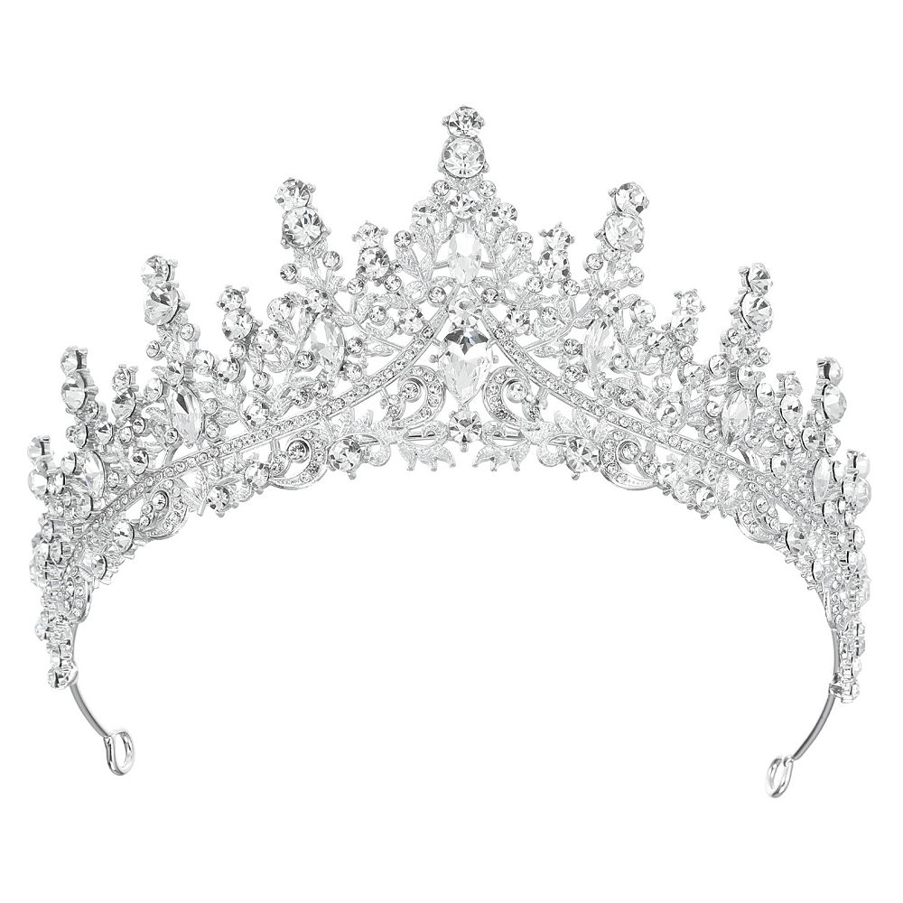 White Gold Tone Crystal Bridal Tiara - Silver Tone Vintage Inspired Crystal Bridal Tiara Crown, Art Deco Style  main image 3