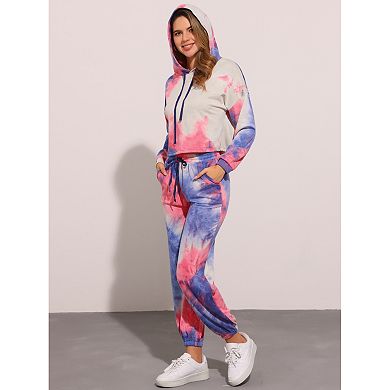 Women's 2 Piece Sweatsuits Tie Dye Pullover Hoodie Drawstring Tracksuit Sports Outfit