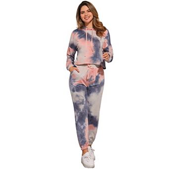 Women's 2 pc Sweatsuits Tie Dye Pullover Hoodie Drawstring Tracksuit Sports Outfit