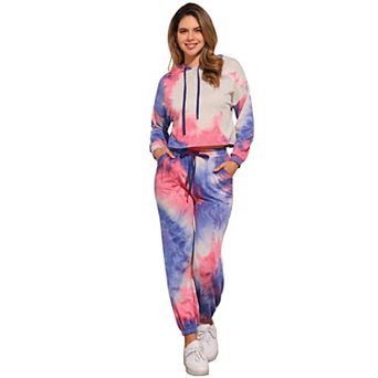 Women's 2 pc Sweatsuits Tie Dye Pullover Hoodie Drawstring Tracksuit Sports Outfit